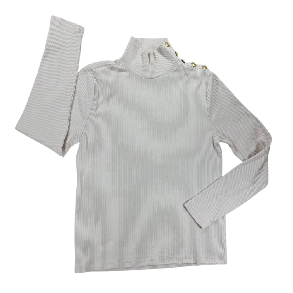 J.Crew Ribbed Gold Button Shoulder Ivory Mock Turtleneck Top Cream Large Womens